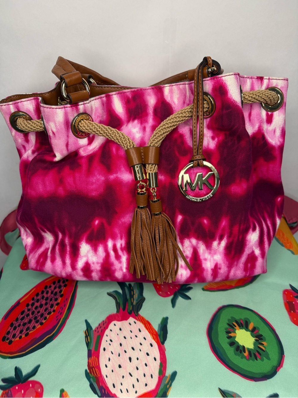 Michael Kors Hot Pink Tie-Dye Tote with Tan Leather Accents - Picture 8 of 8